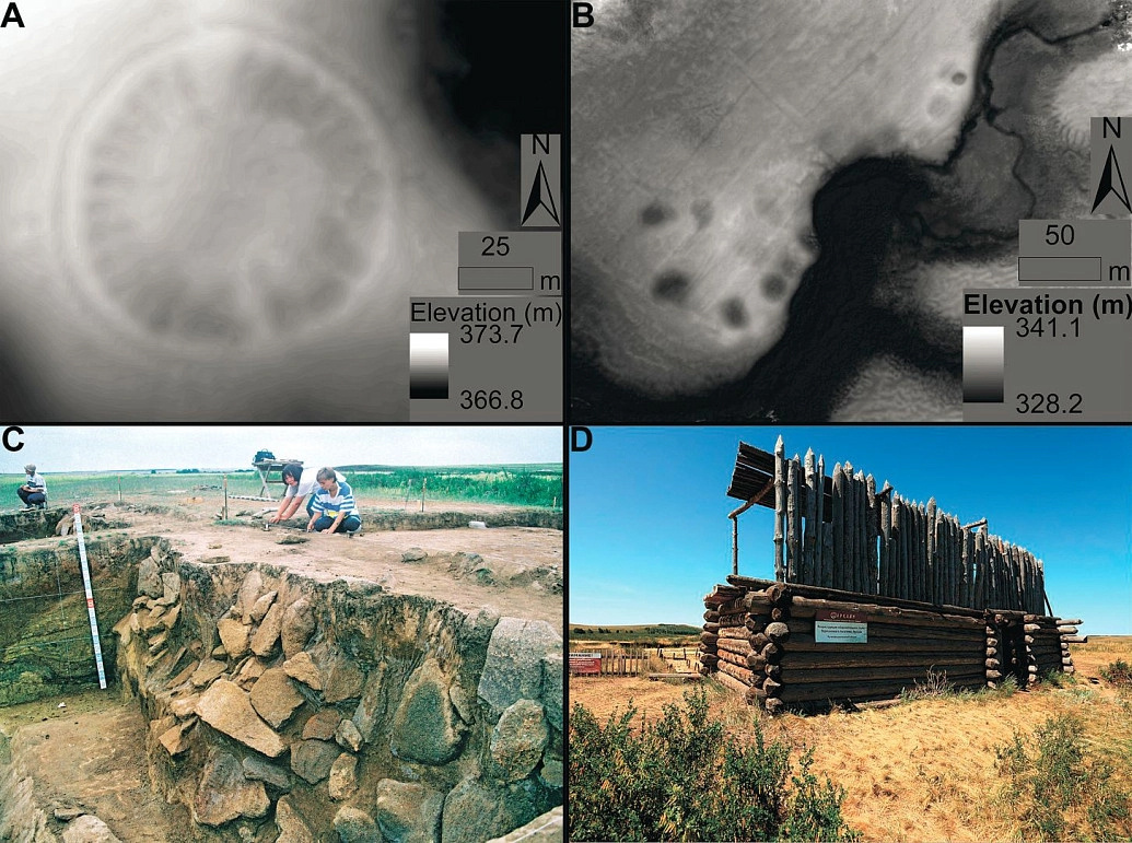 A, B — микротопографические снимки поселений позднего бронзового века; C, D — раскопки и реконструкция оборонительных сооружений, соответсвенно (изображение создано Денисом Шараповым на основе работ других исследователей, перечисленных в научной статье)
