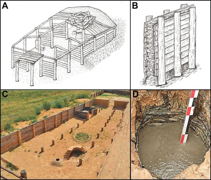Элементы архитектуры позднего бронзового века. A, C — реконструкции жилищ; D — реконструкция стены; Е — раскопки колодца, сооруженного внутри дома  (изображение создано Денисом Шараповым на основе работ других исследователей, перечисленных в научной статье)