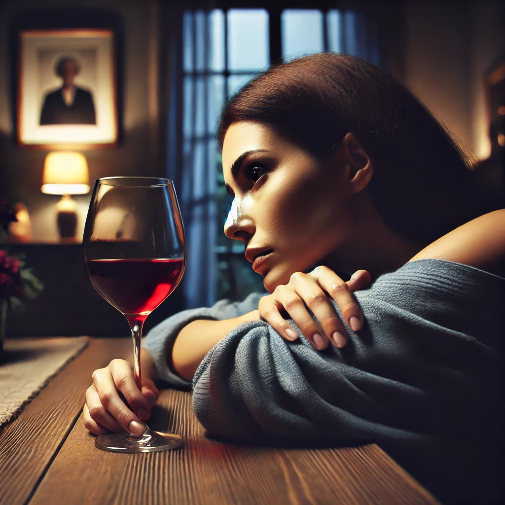 Женщина за обеденным столом с бокалом вина