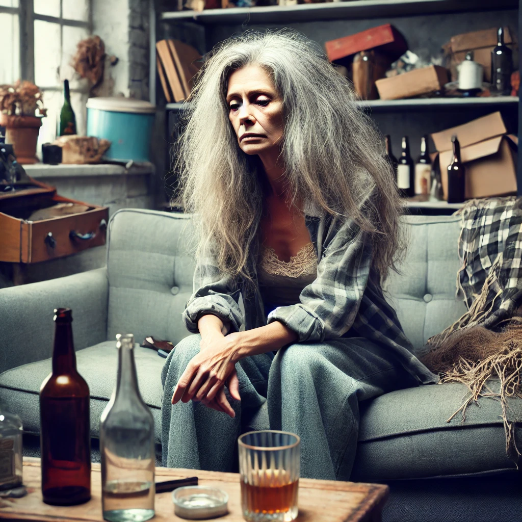 Женщина в захламлённой гостиной, демонстрирующая подавленное состояние