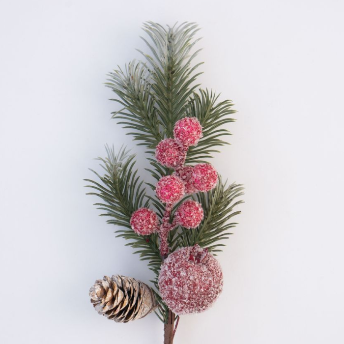 Ветка хвойная в снегу с ягодами и шишкой 38 см