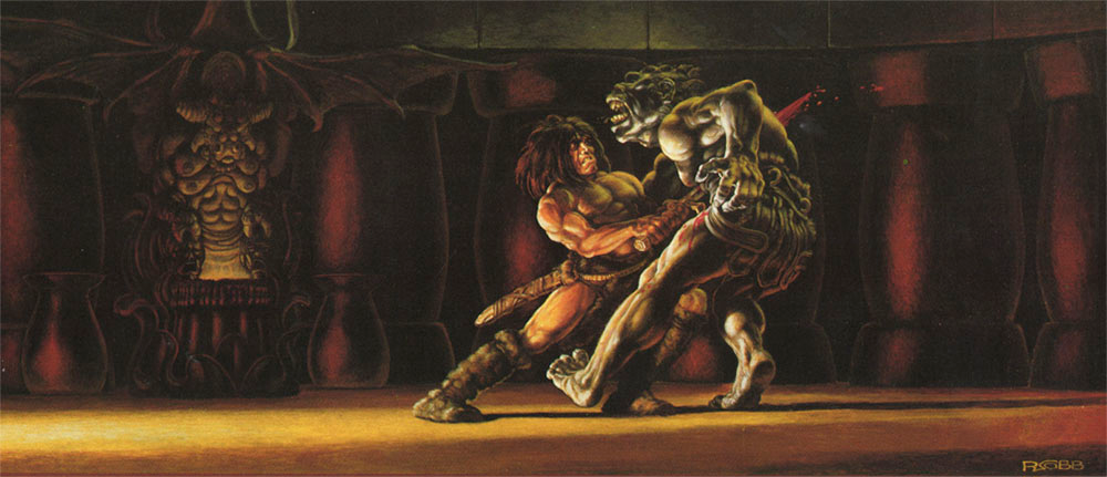 Конан-варвар побеждает очередного нечеловеческого монстра.