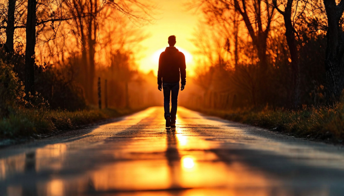 Размытый силуэт человека на закате — человек медленно идёт по дороге, символизируя принятие пути, а не стремление к идеалу.