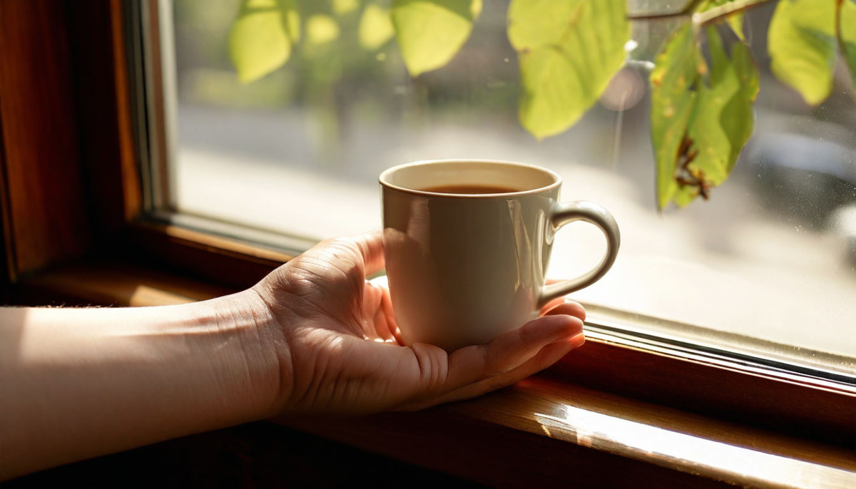 Крупный план руки с чашкой кофе на фоне солнечного окна — олицетворение простых радостей и настоящего момента.