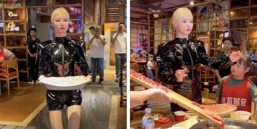    Официантка так реалистично изображает робота, что к ней выстраиваются очереди