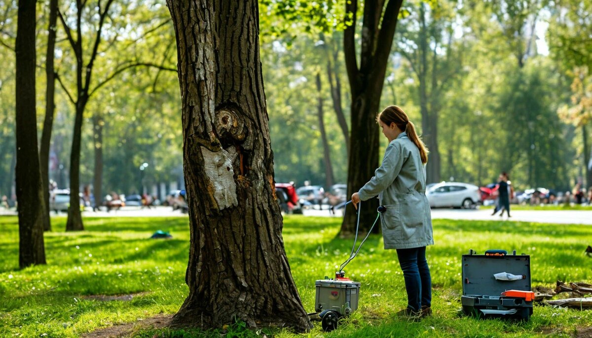 Дендрохирург лечит дерево в городском парке