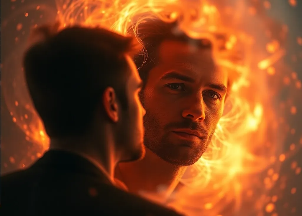 На картинке изображено зеркало, отражающее не только внешность, но и внутренние переживания человека. Вокруг него рассеяны обрывки мыслей и эмоций, символизирующие тревоги и надежды. Это зеркало призывает взглянуть глубже в себя, чтобы узнать свою истинную сущность и принять правду о собственной душе.