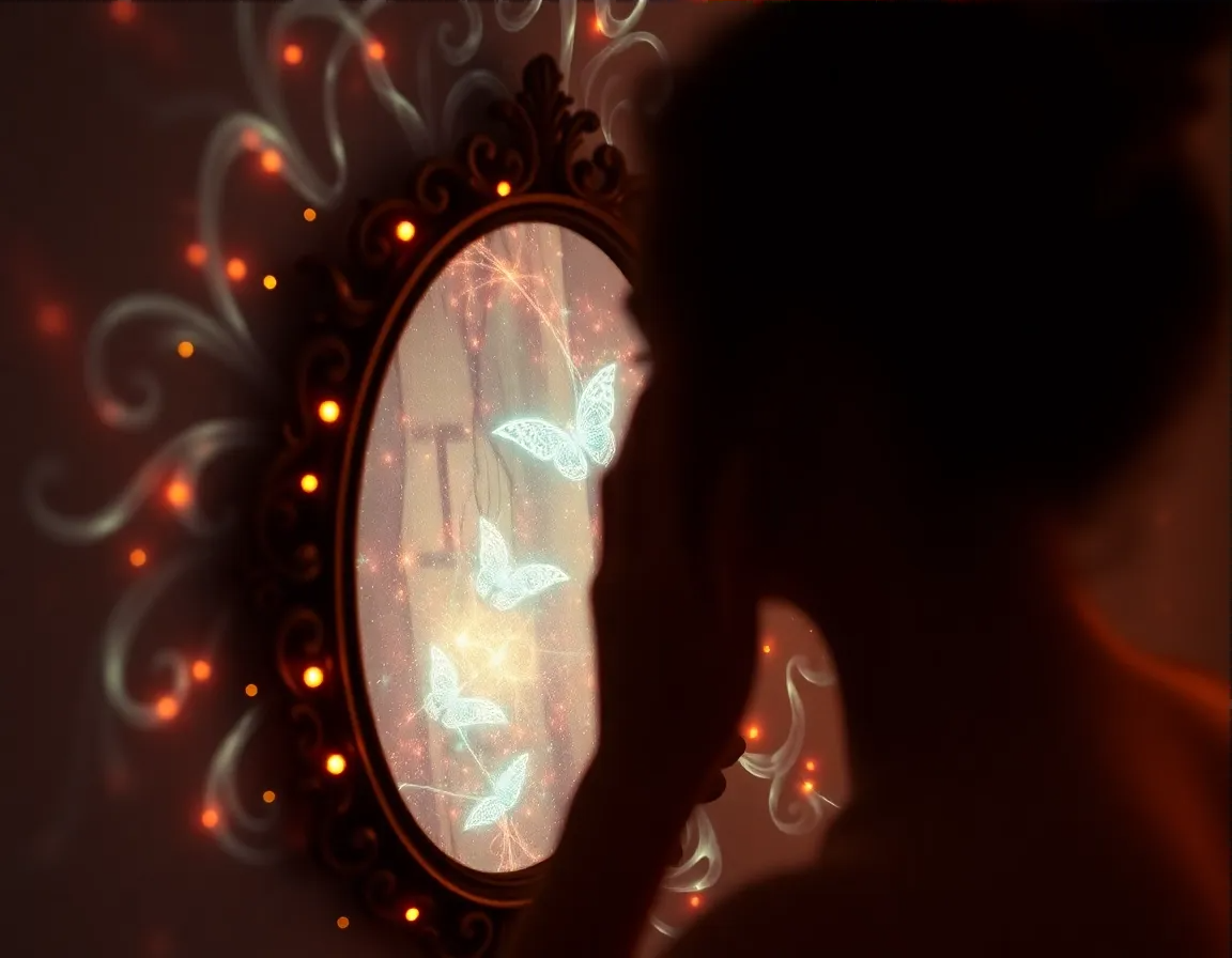 На картинке изображены силуэты людей, смотрящих в зеркало, на которой проецируются различные образы и сцены. Каждая проекция символизирует их внутренние страхи, мечты и желания. Фоны и цвета в зеркале меняются, отражая разнообразие человеческого опыта и восприятия. Это изображение иллюстрирует концепцию проекций, показывая, как наш внутренний мир влияет на то, как мы воспринимаем окружающую реальность.