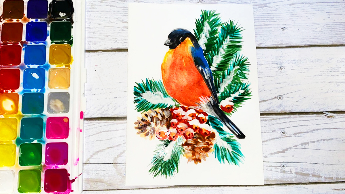 Как нарисовать снегиря акварелью: пошаговый урок для детей и начинающих
