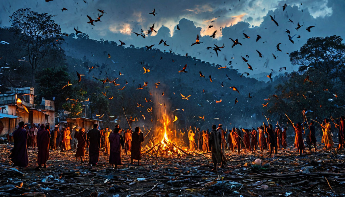 Птицы кружат над яркими кострами