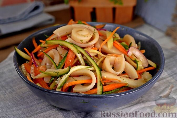 кальмары, огурцы, перец болгарский, лук репчатый красный, морковь, зелень петрушки, сок лайма, уксус бальзамический, горчица, масло оливковое, соус соевый, соль, перец чёрный молотый