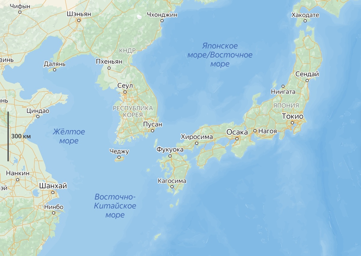 Карта акватории, в которой проходит круиз Шанхай — Япония — Шанхай