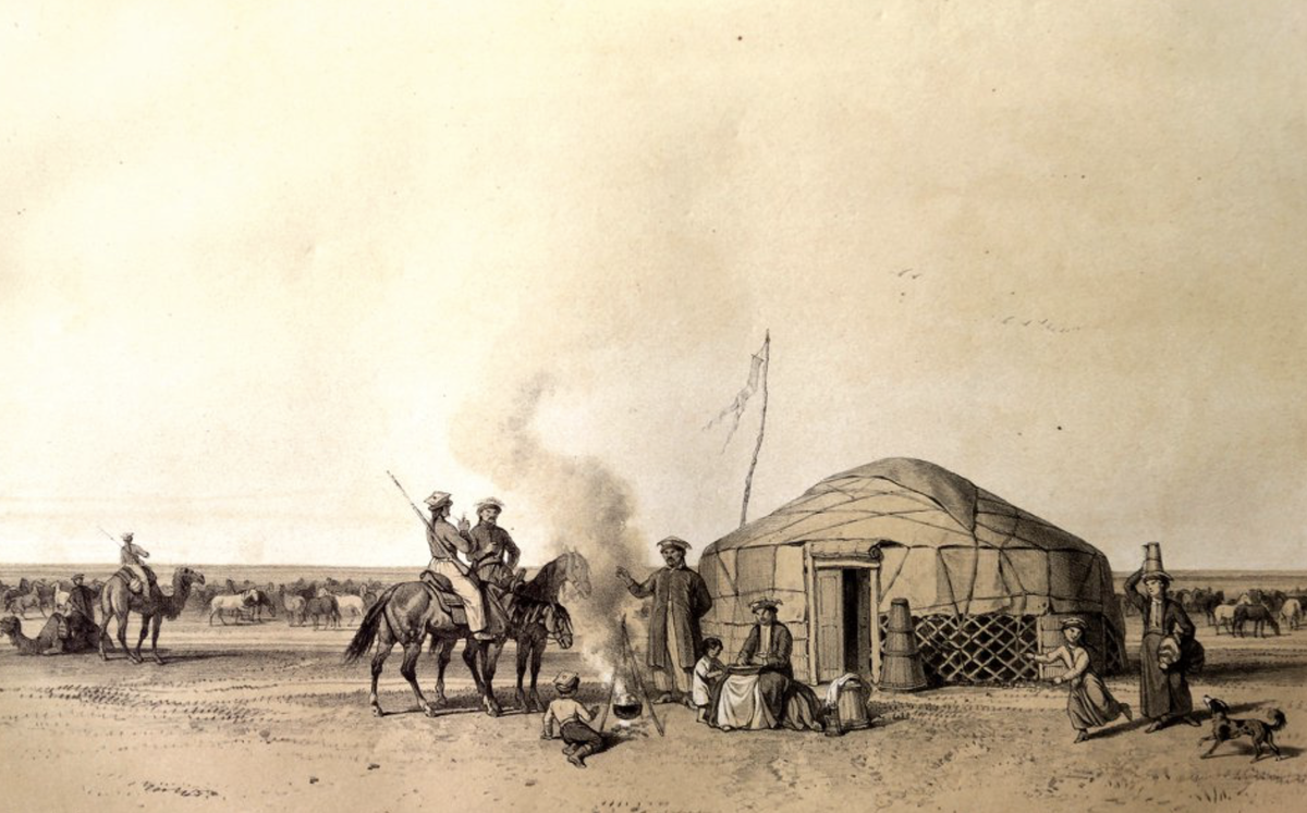 «Семья калмыков, пасущих лошадей». Из книги Ксавье Оммер де Гелля «Степи Каспийского моря, Кавказ, Крым и Южная Россия», 1845 год.
Фото: АСТРАХАНСКАЯ ОБЛАСТНАЯ НАУЧНАЯ БИБЛИОТЕКА ИМЕНИ Н. К. КРУПСКОЙ