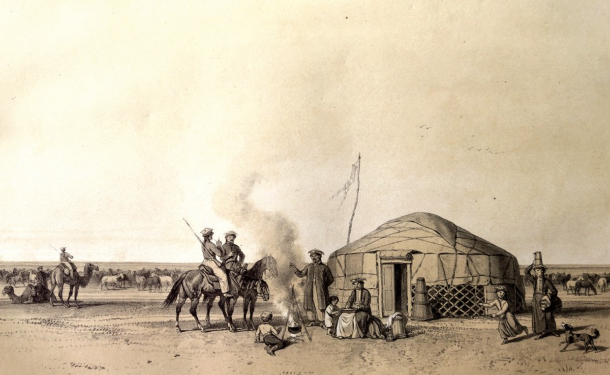 «Семья калмыков, пасущих лошадей». Из книги Ксавье Оммер де Гелля «Степи Каспийского моря, Кавказ, Крым и Южная Россия», 1845 год.
Фото: АСТРАХАНСКАЯ ОБЛАСТНАЯ НАУЧНАЯ БИБЛИОТЕКА ИМЕНИ Н. К. КРУПСКОЙ