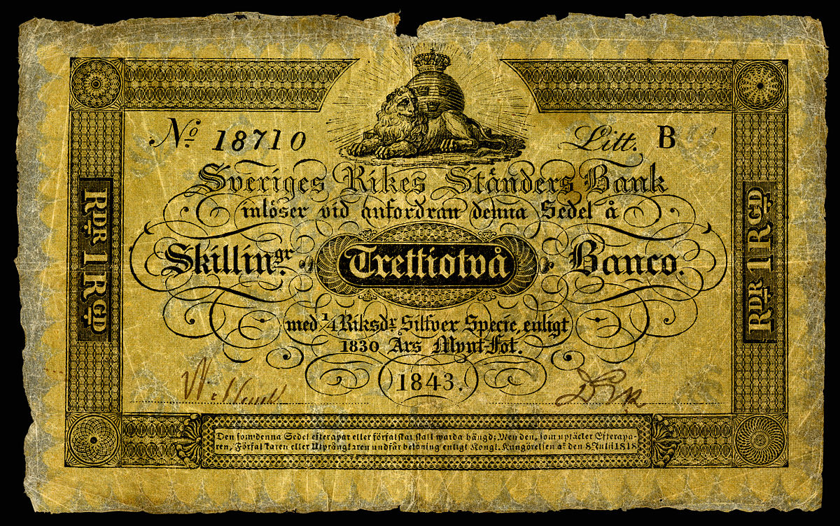 Источник изображения: https://upload.wikimedia.org/wikipedia/commons/3/3c/SWE-A123c-Sveriges_Rikes_Standers_Bank-32_Skillingar_Banco_%281843%29.jpg