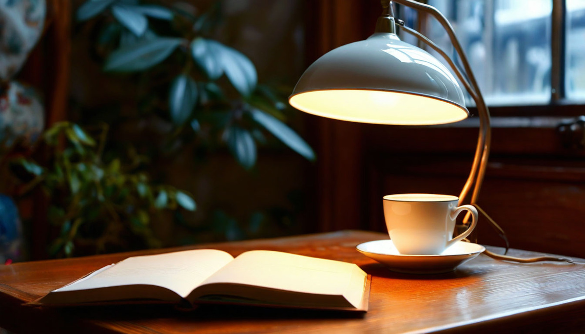 Зажжённая настольная лампа рядом с чашкой тёплого чая и закрытым блокнотом.