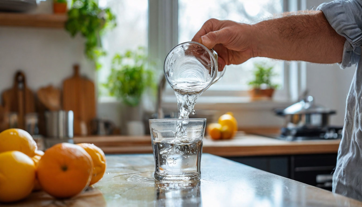 Человек наливает воду в стакан на светлой кухне.