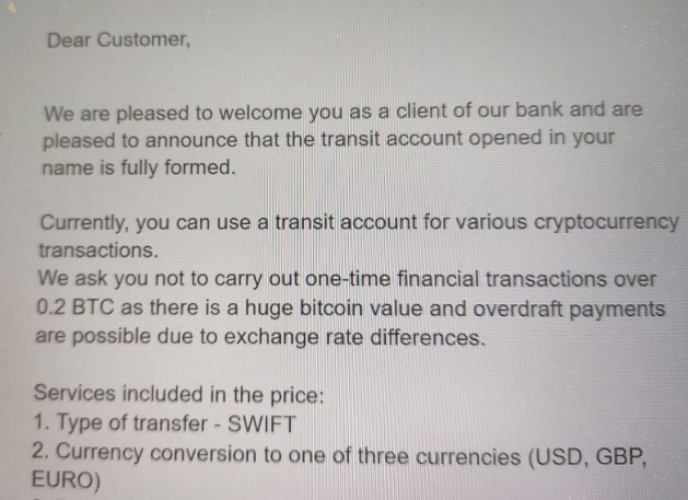 «Банкиры» предлагают Сергею открыть некий счёт для операций с криптой