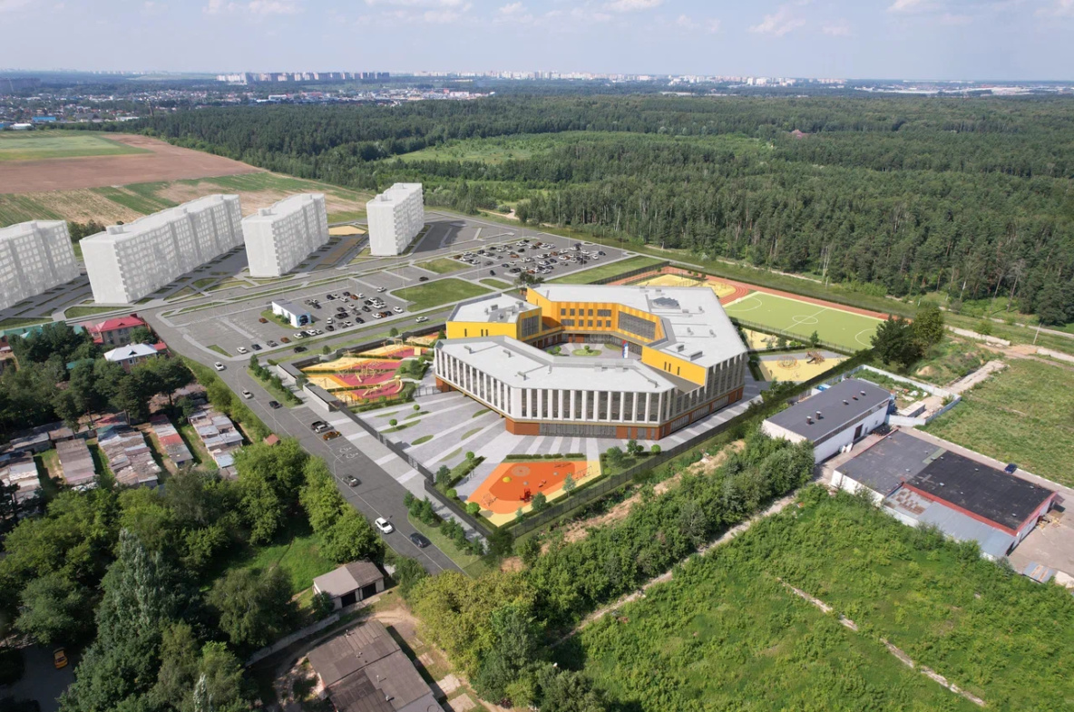 Вид сверху на воспитательно-образовательный комплекс на территории ЖК «Легенда Коренёво»
