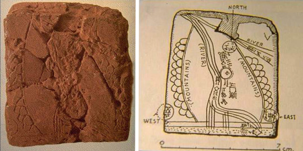Глиняная табличка карты речной долины с интерпретацией учёных. Фото: https://www.mughallibrary.com/maps-1/clay-tablet-map-from-ga-sur%2C-2%2C500-b.c.