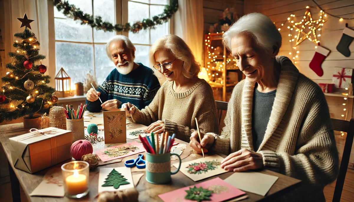 Творчество объединяет: пожилые люди создают новогодние открытки в уютной и праздничной атмосфере.