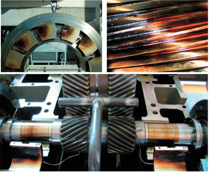 Рис. 2. Отложения на различных элементах агрегата:
а) на опорных подшипниках;
б)  в шестеренчетом компрессоре;
в) в редукторе турбины