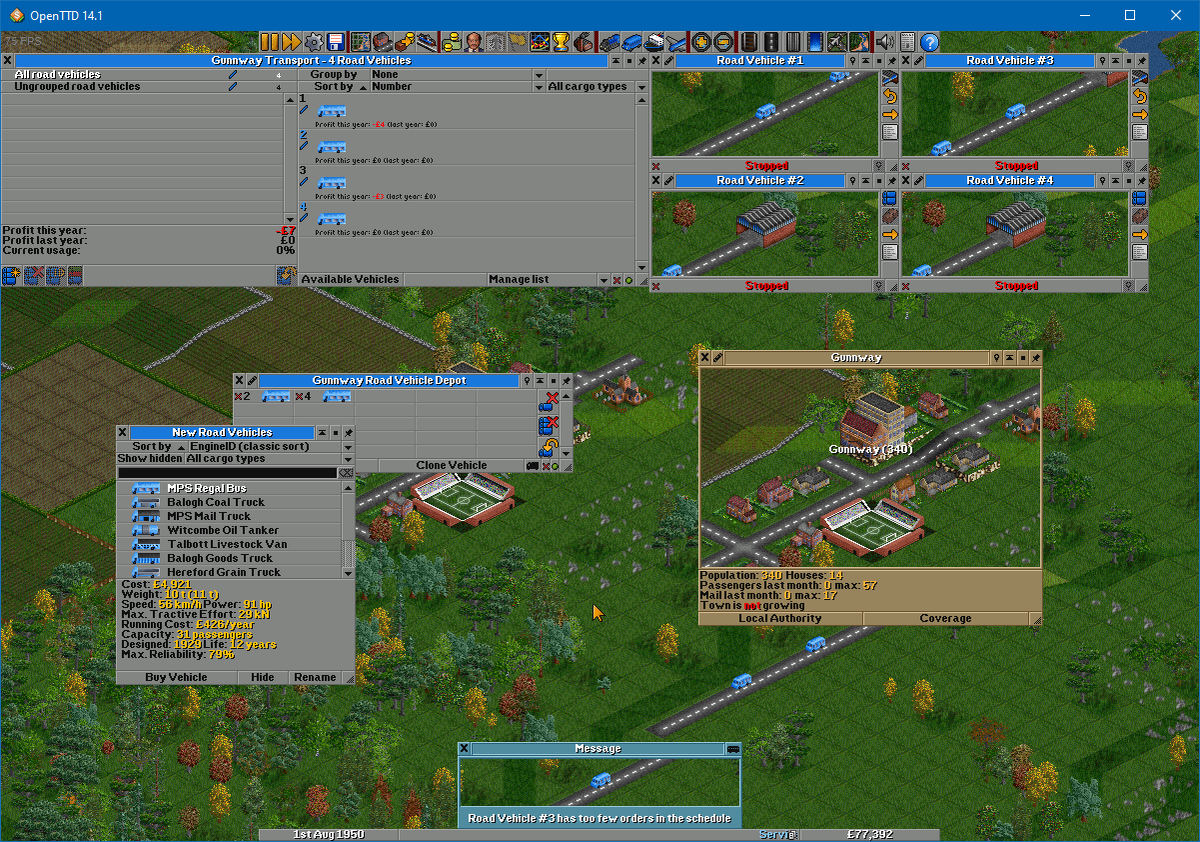 Типичный вид пользовательского интерфейса игры Transport Tycoon /  OpenTTD.