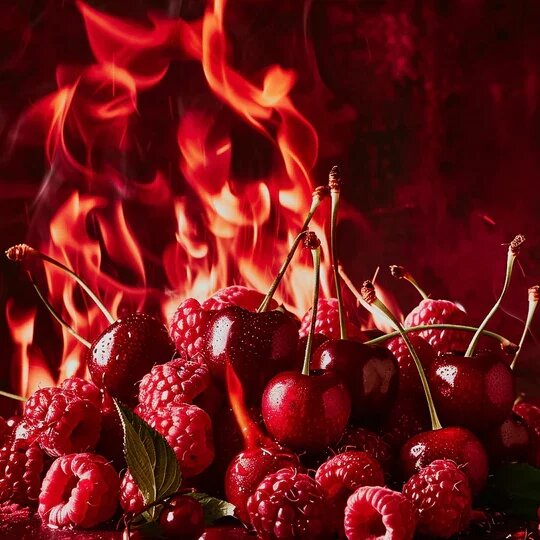 BURNING BERRIES [ГОРЯЩИЕ ЯГОДЫ]    сочетает в себе сладость жгучей вишни и малины с нежными нотками пралине. Основанный на землистых нотах пачули, Пало-Санто и гваякового дерева, он вызывает образ спелых ягод, окутанных пламенем.