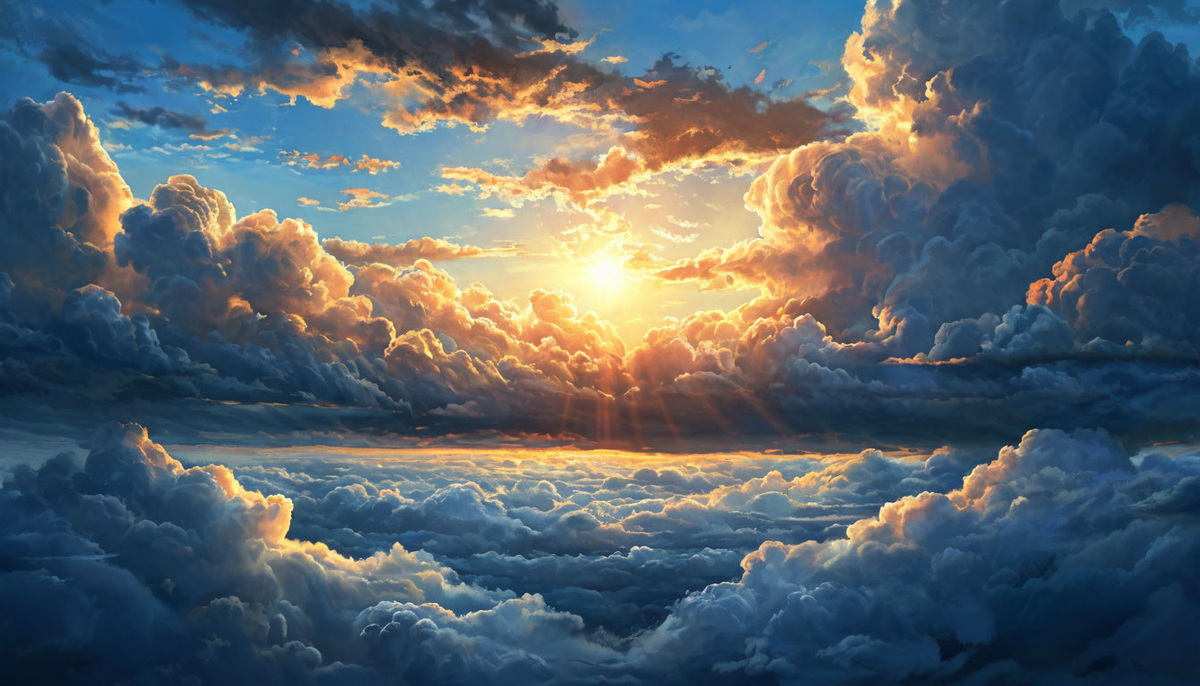 Затянутое облаками небо с одним проблеском света, символизируя надежду.