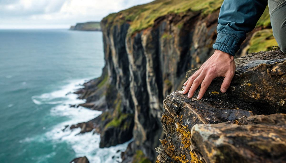 Рука человека тянется к вершине скалы, хватаясь за выступ.