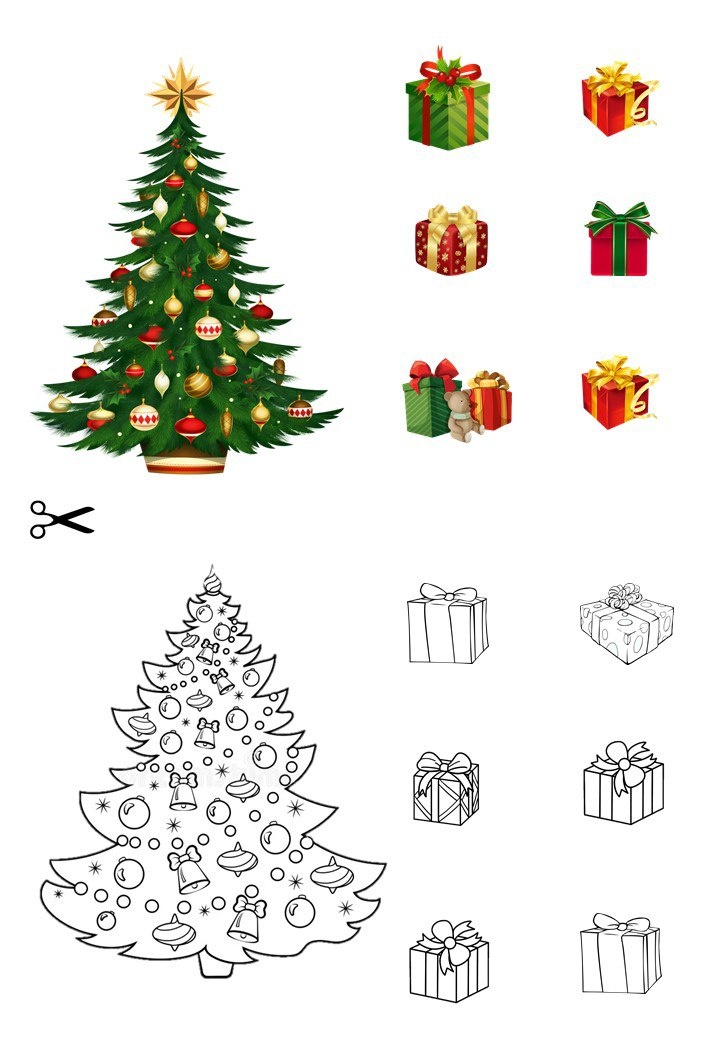 Вырезать картинки, приклеить в тетрадь. Пока ребёнок приклеивает, рассказать о традиции дарения подарков на Новый год