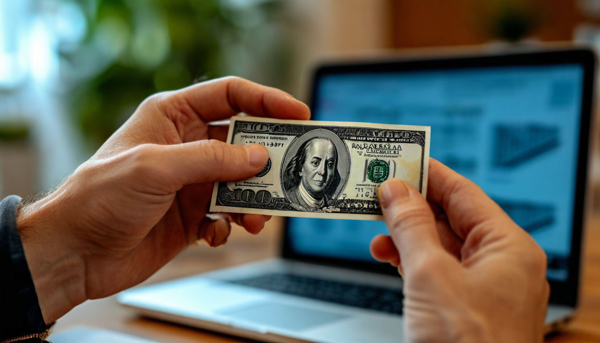 Крупный план руки, протягивающей банкноту (например, 1000 рублей) над столом с ноутбуком.