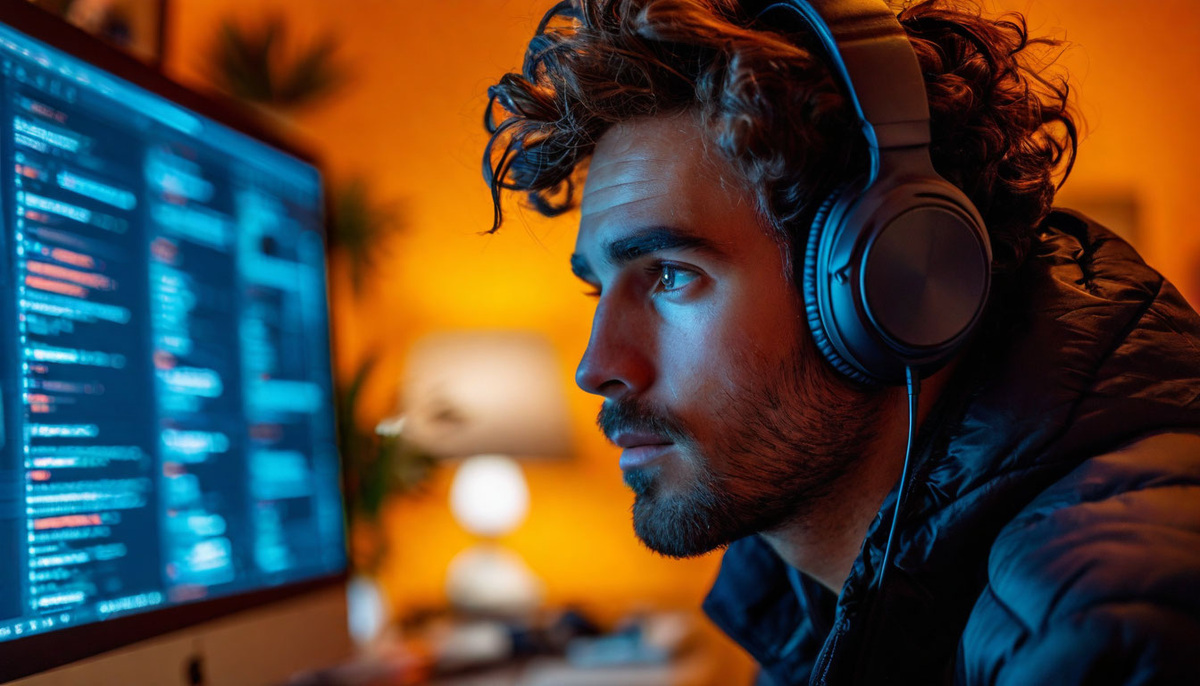 Человек в наушниках внимательно смотрит на экран, символизируя процесс выбора и концентрации.