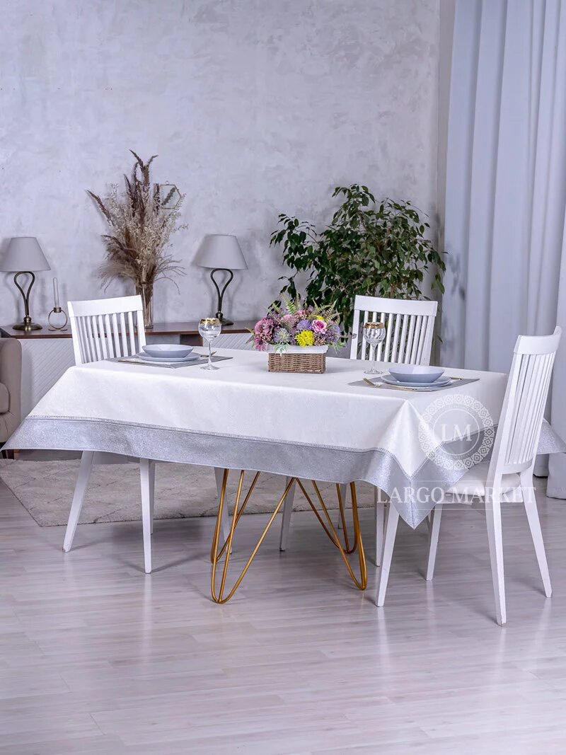 Скатерть из экокожи Белый с блестками (кант серый)