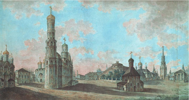 Панорама Ивановской площади с церковью Николы Гостунского (на переднем плане, в центре), вид с юга Ф. Алексеев, начало 1800-х годов.