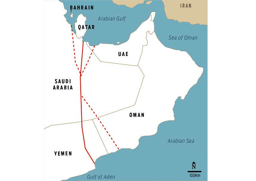 Красной линией на карте отмечен основной маршрут Аравийского кнала. Курсивом - альтернативные или впомогательные его пути