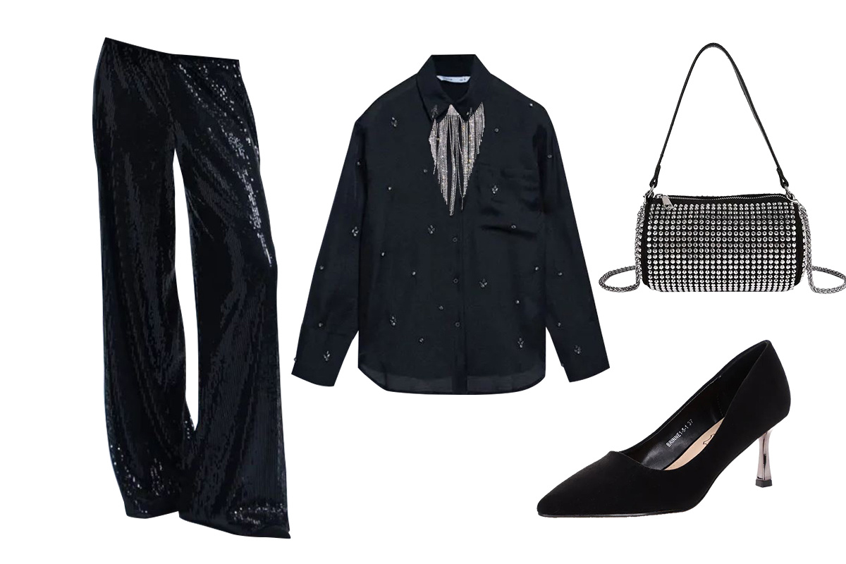 Блузка O'STIN. Артикул 1761678662. Украшение продается отдельно в магазине Остин. Туфли Tervolina Артикул на Озон1650313195. Сумочка PUGOVKIN Артикул 1061073004