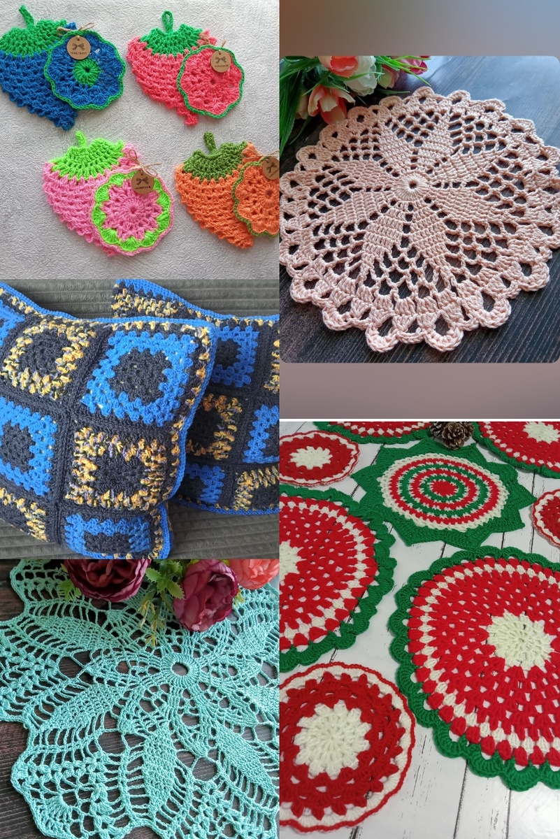Фото автора канала. Работы связанные крючком. Первые салфетки и декоративные наволочки на подушки.