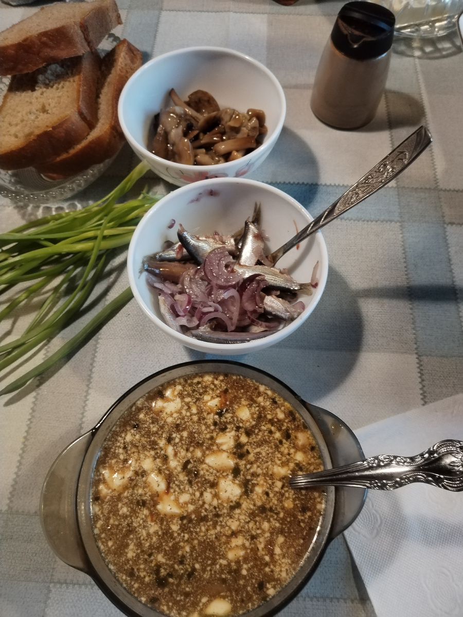Солянка позавчерашняя и килька с луком, грибочки-опятки