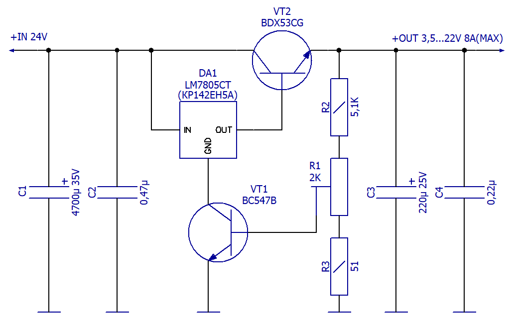 Схема электрическая принципиальная регулируемого стабилизатора на 5-ти вольтовой КРЕН
