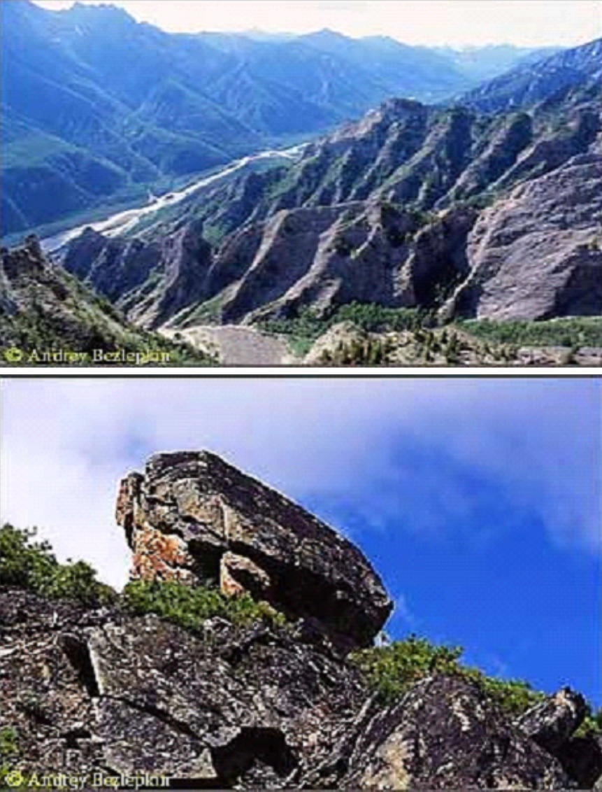 Аллинское ущелье. Вид на гору с камнем и сам зада-шулуун. Фотографии Андрея Безлепкина.