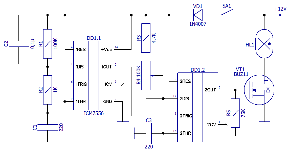 Схема электрическая принципиальная регулятора яркости для 12-ти вольтовых галогенок с высоким КПД