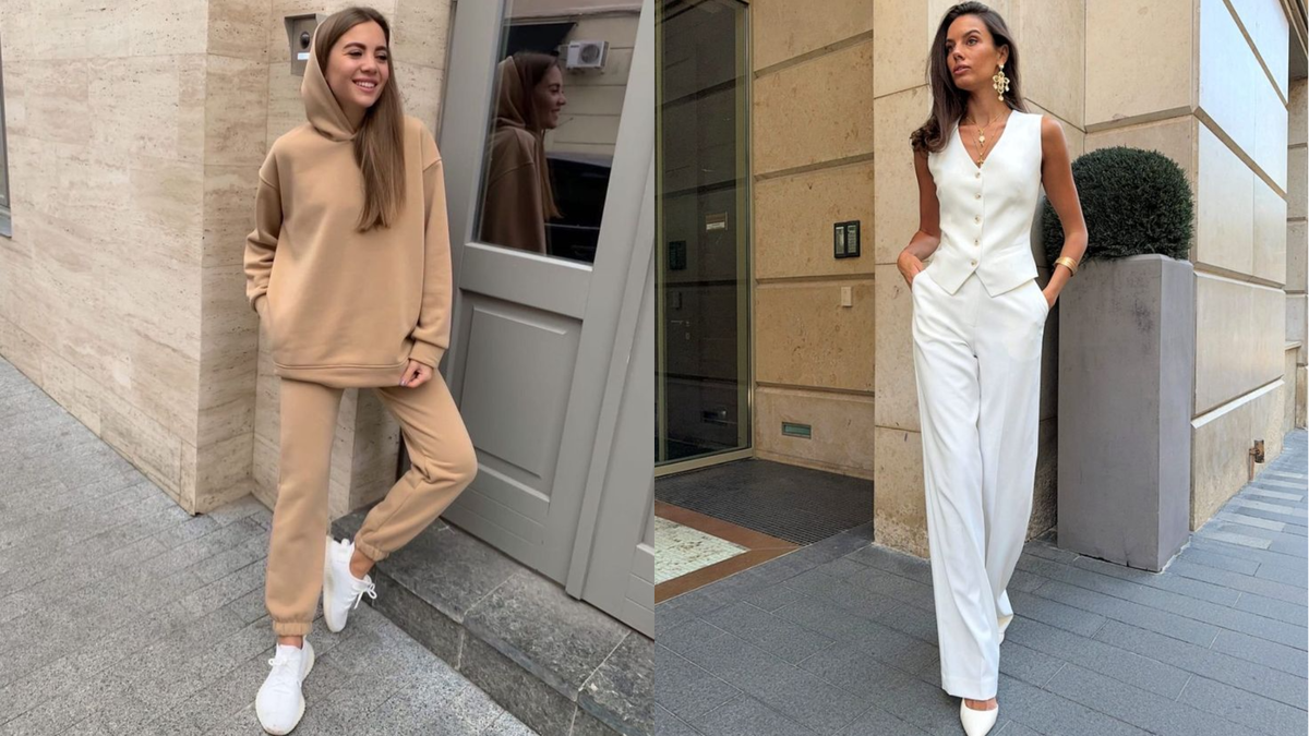 женщина в спортивном костюме и в брюках палаццо 