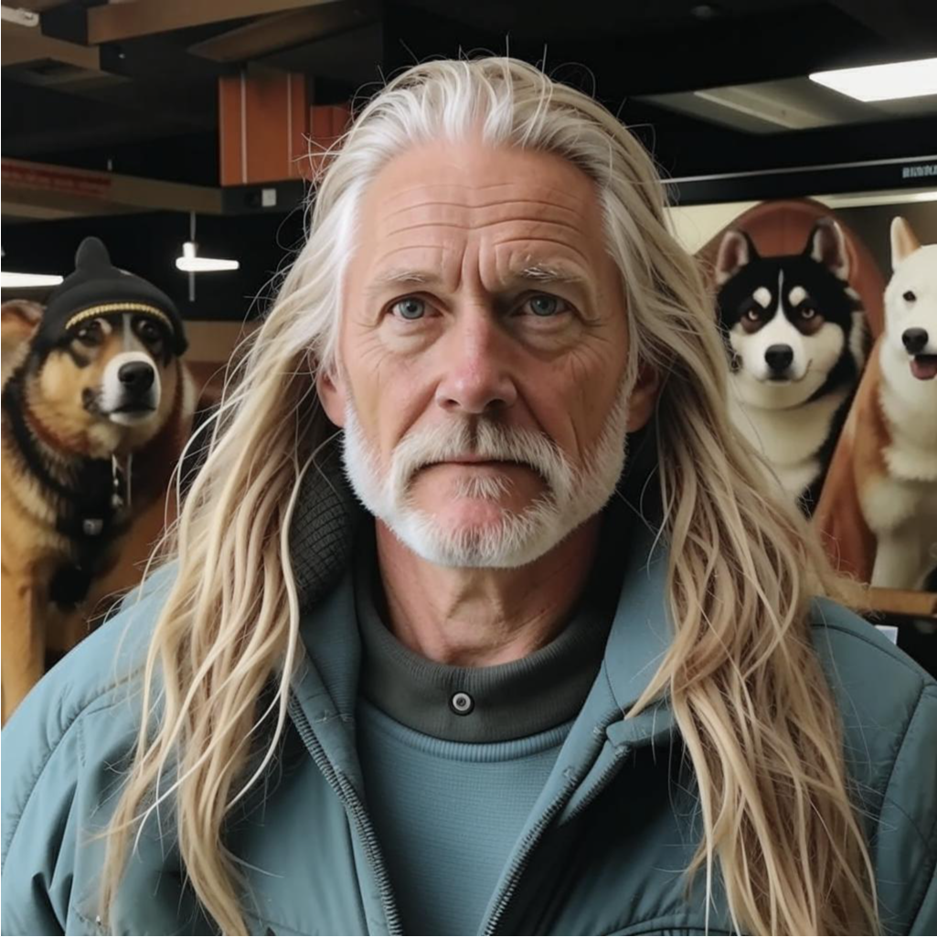 Роджер Кигндеруотер, погонщих собачьих упряжек в Ненане, Аляска. Создано нейросетью Кандинский.  