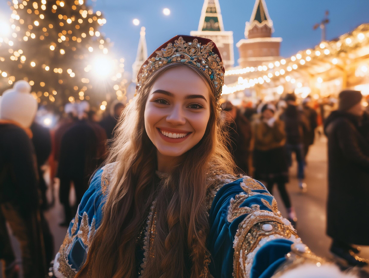 Девушка делает селфи в костюме снегурочки, России AI generated