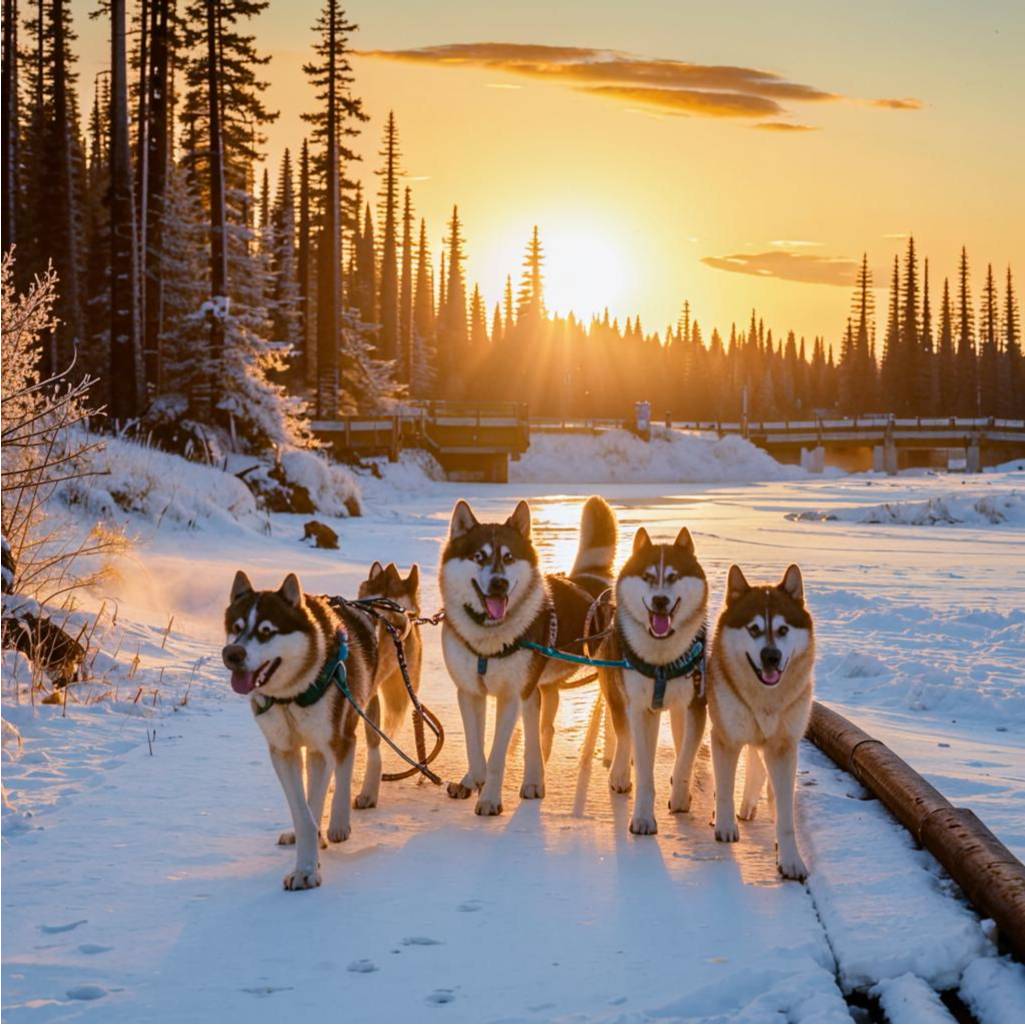 Собачья упряжка утром после снежной бури. Создано нейросетью Кандинский.  