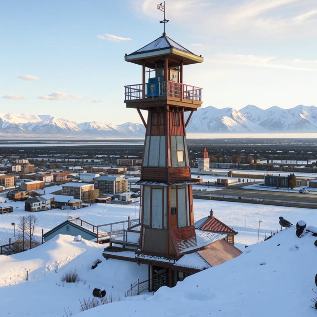 Сторожевая вышка в Ненане, используемая для голубиной почты. Создано нейросетью Кандинский.   