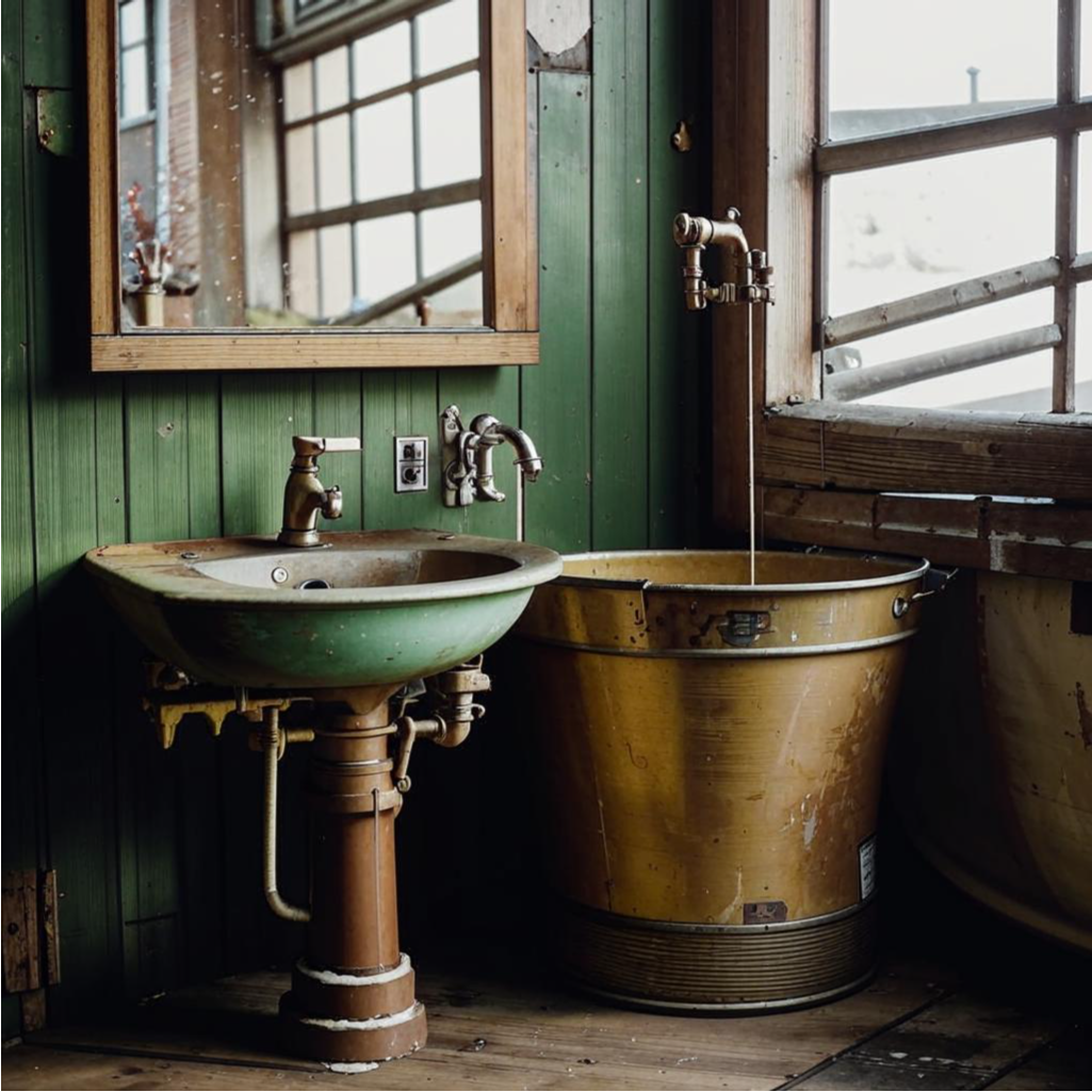 Зона для умывания нелегалов, оборудованная на рыбном складе морского порта. Создано нейросетью Кандинский. 