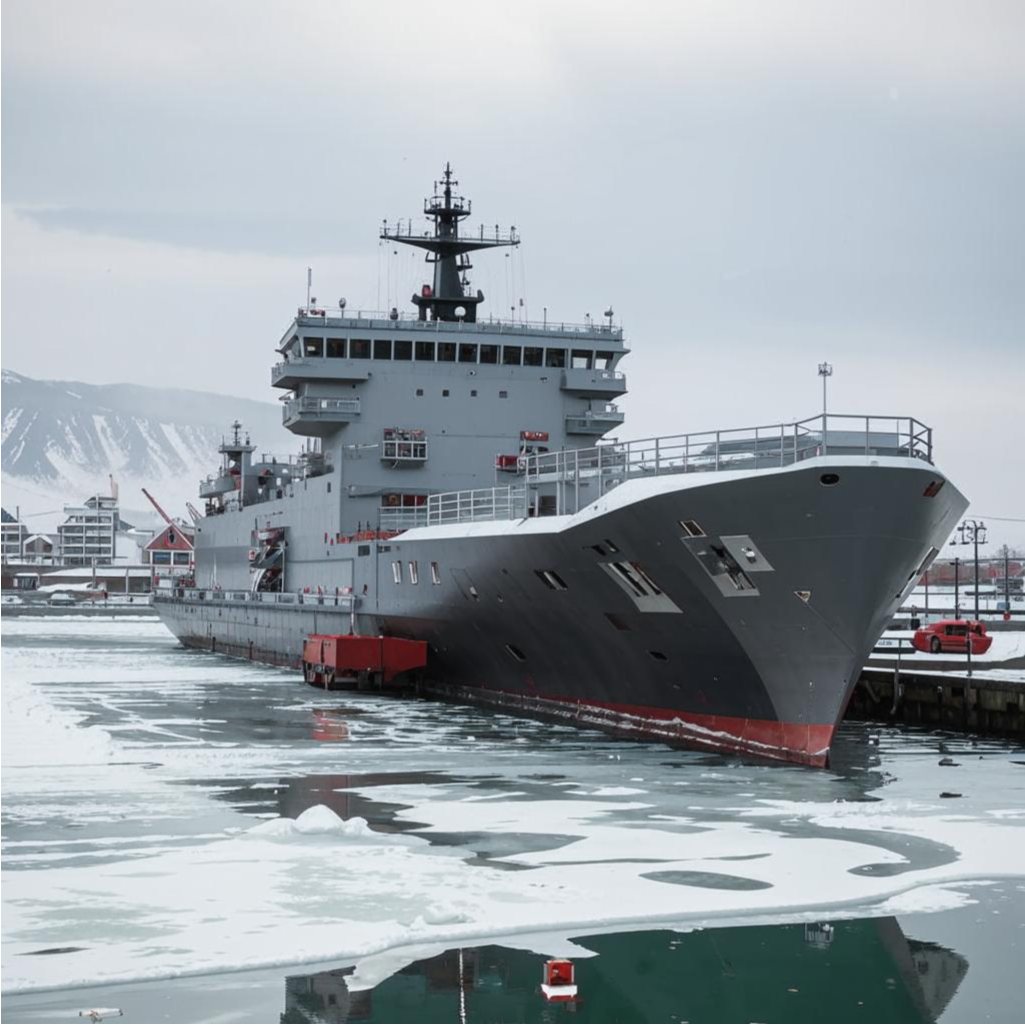 Большой десантный корабль русских, пришвартованный в порту Нома. Создано нейросетью Кандинский. 