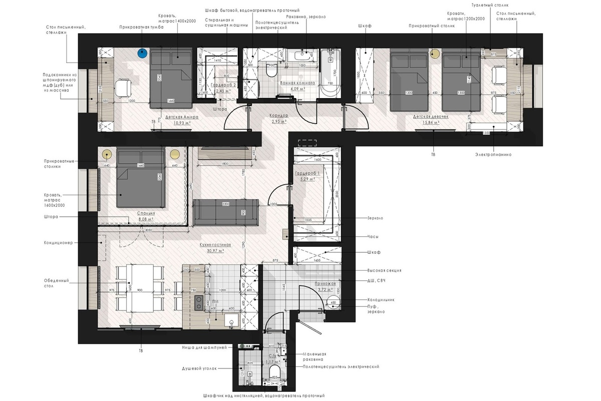 Итоговая планировка и расстановка мебели